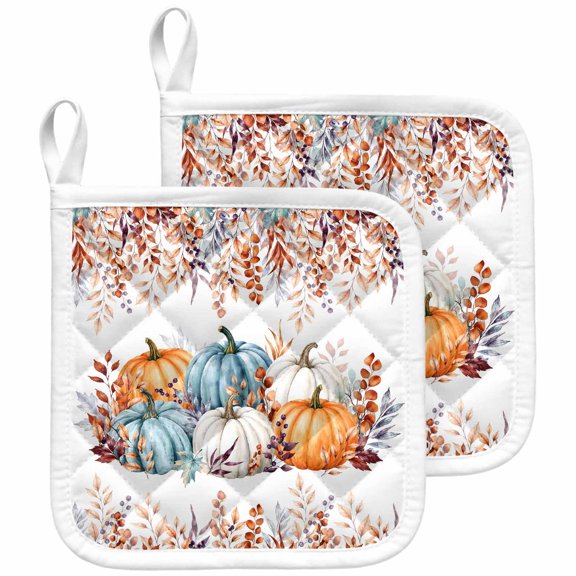 Fall Pumpkin Pot Holders for Kitchen Heat Insulation Potholder, Kitchen Pot Holders Sets Washable Oven Hot Pads Terry Cloth Trivet for Cooking Baking Thanksgiving Botanical Autumn Eucalyptus 2 Pack