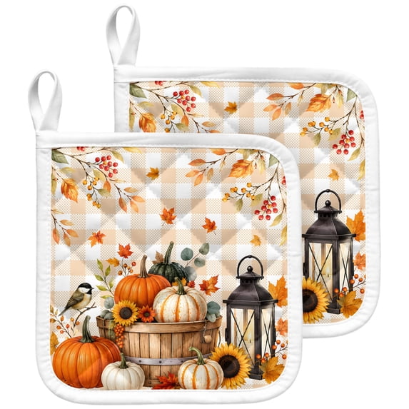 Fall Pumpkin Pot Holders for Kitchen Heatproof Potholder, 2 Pack Thanksgiving Harvest Maple Leaf Flowers Plaid Hot Pads Multipurpose Oven Pads Terry Cloth Potholders Trivet for Cooking and Baking