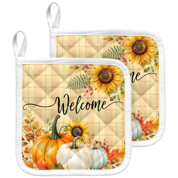 Fall Pumpkin Pot Holders for Kitchen Heatproof Potholder, 2 Pack Thanksgiving Maple Leaf Sunflowers Plaid Orange Hot Pads Multipurpose Oven Pads Terry Cloth Potholders Trivet for Cooking and Baking