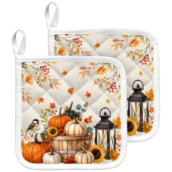 Fall Pumpkin Pot Holders for Kitchen Heatproof Potholder, 2 Pack Thanksgiving Maple Leaves Harvest Beige Hot Pads Multipurpose Oven Pads Terry Cloth Potholders Trivet for Cooking and Baking