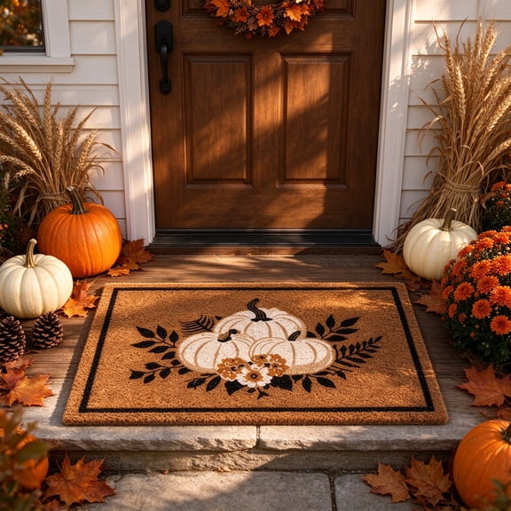 Fall Doormat Outdoor, Large Coral Fleece Pumpkin Print Harvest-Themed Mat, 24x36 Inch