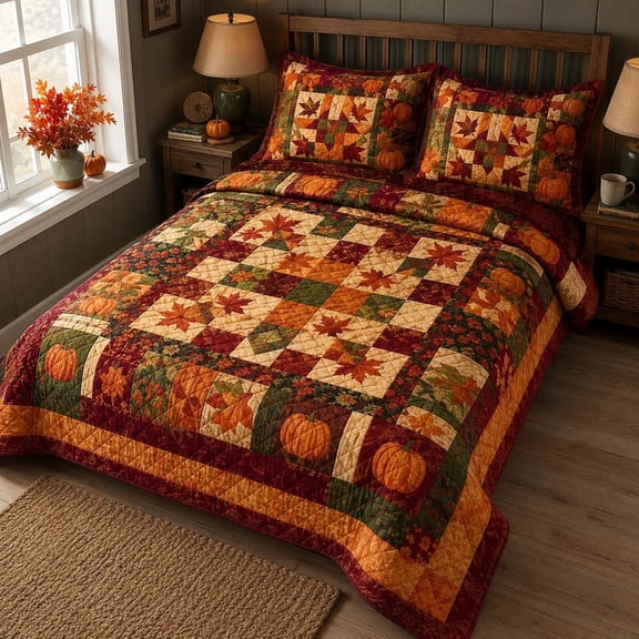 Fall Pumpkin Quilted Bedding Set, Maple Leaf Patchwork Quilt, Autumn Farmhouse Bedspread, Thanksgiving Harvest Bedroom Decor