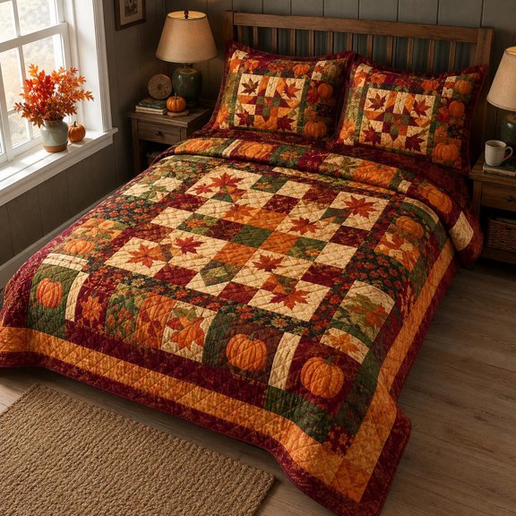 Fall Pumpkin Quilted Bedding Set, Maple Leaf Patchwork Quilt, Autumn Farmhouse Bedspread, Thanksgiving Harvest Bedroom Decor