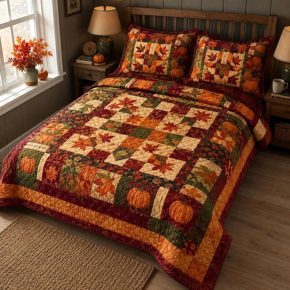 Fall Pumpkin Quilted Bedding Set, Maple Leaf Patchwork Quilt, Autumn Farmhouse Bedspread, Thanksgiving Harvest Bedroom Decor