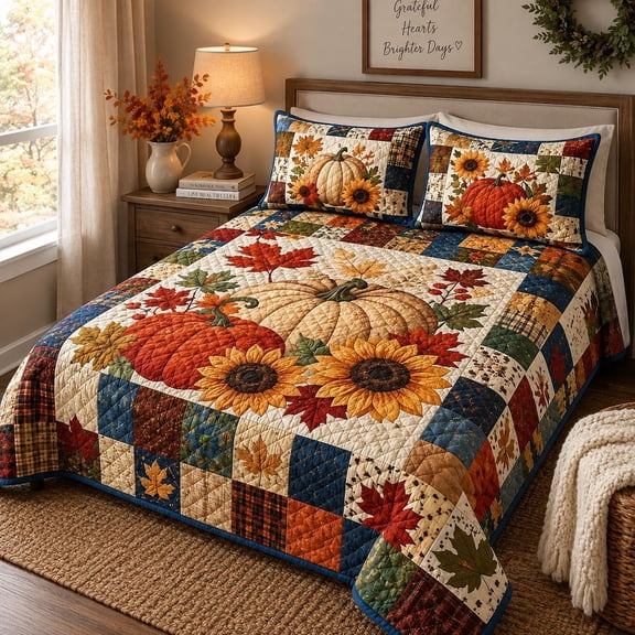 Fall Pumpkin Quilted Bedding Set, Sunflower Patchwork Quilt, Autumn Leaves Bedspread, Rustic Farmhouse Bedroom Decor, Thanksgiving Gift