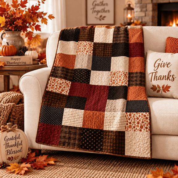 Fall Pumpkin Quilted Throw Blanket, 28"x40" Thanksgiving Patchwork Flannel Fall Quilt, Soft Cozy Autumn Sofa Knee Blanket, Brown Orange Beige Decor