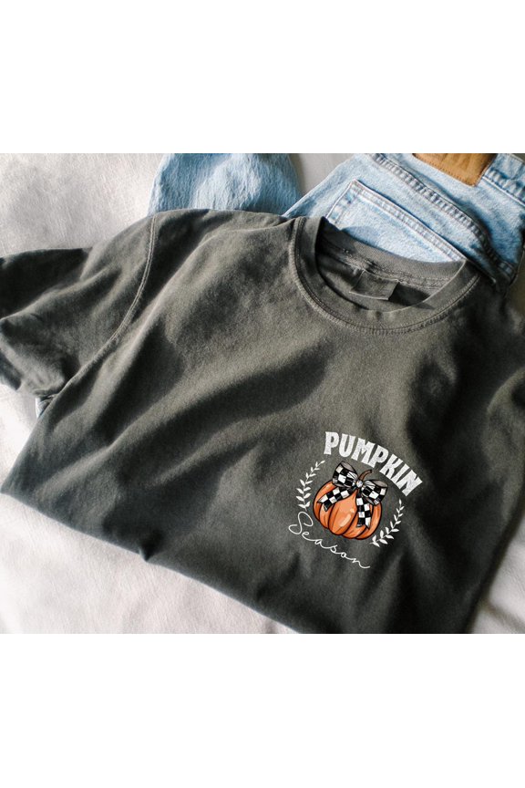 Fall Pumpkin Retro Checkered Bow Design T-Shirt All Size S-3XL
