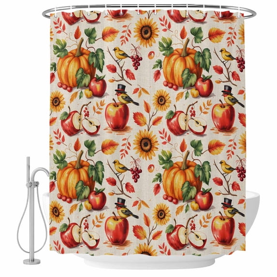 Fall Pumpkin Retro Shower Curtain, Waterproof Shower Curtains for Bathroom, Thanksgiving Sunflower Rustic Fruit Bird Washable Fabric Bathtub Curtain Set Bath Decor with 12 Hooks Standard 72"x72"