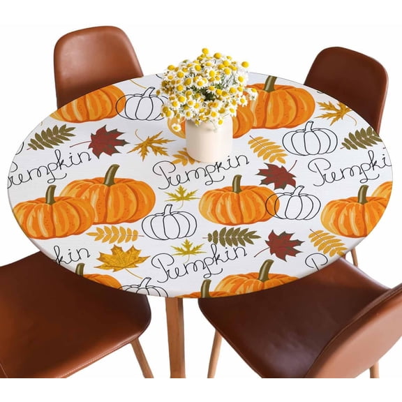 Fall Pumpkin Round Fitted Tablecloth Autumn Maple Leaves Thanksgiving Orange White Tablecloth Waterproof Oilcloth Table Cover for 40"-44"