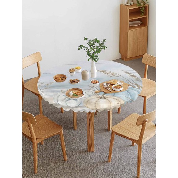 Fall Pumpkin Round Fitted Tablecloth with Elastic Edge, Country Ocean Orange Blue Starfish Hay Wood Grain Waterproof Stretch Table Covers for 36"-44" Tables Wipeable Table Cloth for Outdoor