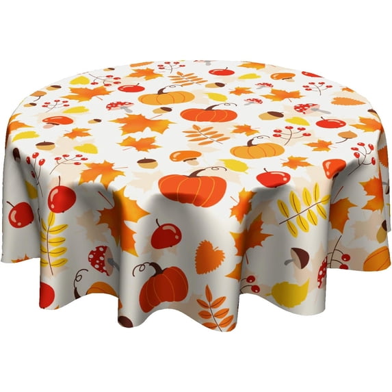 Fall Pumpkin Round Table Cloth - Autumn Maple Leaf Tablecloth 60 Inch Harvest Mushroom Pine Cones Tablecloths Thanksgiving Table Cover Decorative for Kitchen Dining Holiday Farmhouse