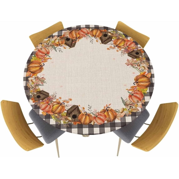 Fall Pumpkin Round Table Cloth Fitted Tablecloth,Retro Linen Table Cover with Elastic Edge Waterproof Table Cloth,Thanksgiving Black Buffalo Plaid Circle Table Cover for Kitchen Indoor Picnic 45-52in