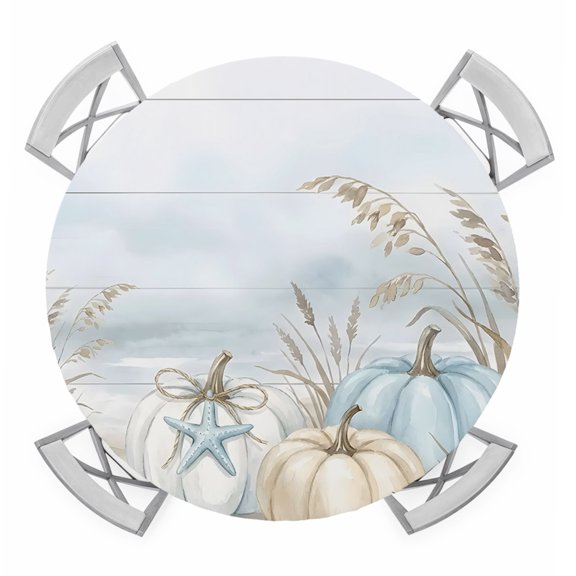Fall Pumpkin Round Table Cover, Country Ocean Orange Blue Starfish Hay Wood Grain Waterproof Fitted Tablecloths for 36"-44" Tables, Washable Picnic Table Cover for Camping Dining Indoor Outdoor