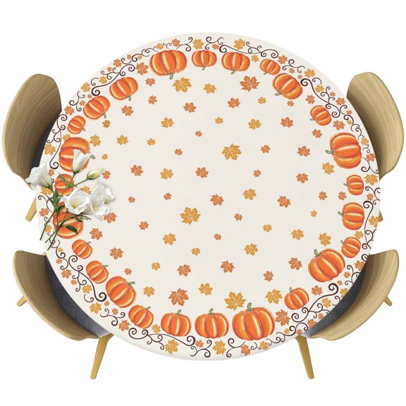 Fall Pumpkin Round Tablecloth, Fitted Table Cover with Elastic for 36"-44" Round Tables, Orange Thanksgiving Watercolor Maple Leaf Table Cloth Outdoor Indoor Dinning Party Waterproof Tablecloths
