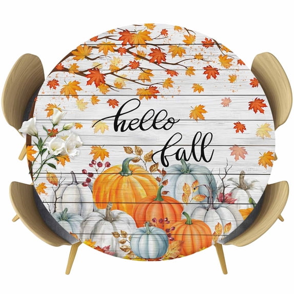 Fall Pumpkin Round Tablecloth, Fitted Table Cover with Elastic for 36"-44" Round Tables, Orange White Thanksgiving Maple Leaf Table Cloth Outdoor Indoor Dinning Party Waterproof Tablecloths