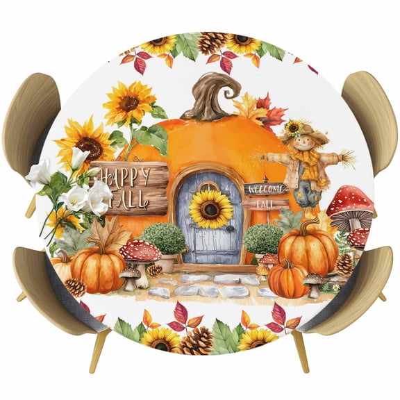 Fall Pumpkin Round Tablecloth, Fitted Table Cover with Elastic for 36"-44" Round Tables, Thanksgiving Sunflowers Rustic Pine Cone Table Cloth Outdoor Indoor Dinning Party Waterproof Tablecloths