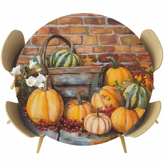 Fall Pumpkin Round Tablecloth, Fitted Table Cover with Elastic for 36"-44" Round Tables, Thanksgiving Vintage Country Walls Autumn Leaves Table Cloth Outdoor Dinning Party Waterproof Tablecloths