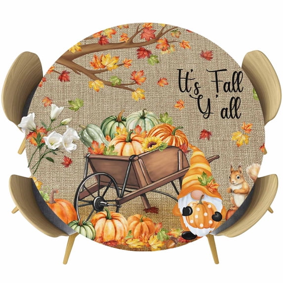 Fall Pumpkin Round Tablecloth, Fitted Table Cover with Elastic for 45"-54" Round Tables, Maple Leaves Thanksgiving Gnomes Farmhouse Cart Table Cloth Outdoor Dinning Party Waterproof Tablecloths