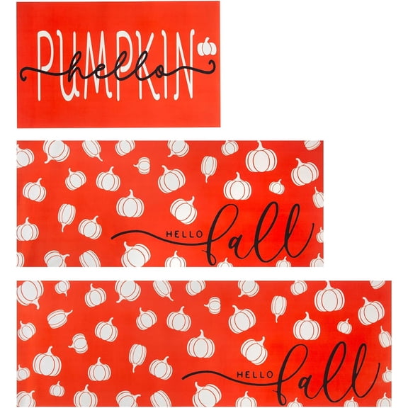 Fall Pumpkin Rubber Kitchen Rugs Set of 3,Non Slip Washable Mats Set for Home Floor Autumn Harvest Thanksgiving Day Decoration(Fall Orange, 20"x32"+20"x48"+20"x59")
