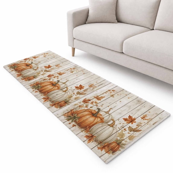 Fall Pumpkin Runner Rug 2'x6', Orange Maple Leaf Watercolor Wood ...