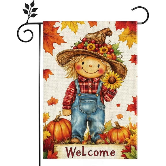Fall Pumpkin Scarecrow Garden Flag for Outside 12x18 Inch Double Sided Burlap Welcome Autumn Thanksgiving Maple Leaf Sunflower Flowers Farmhouse Holiday Rustic Outdoor Yard Flag Home Decorations