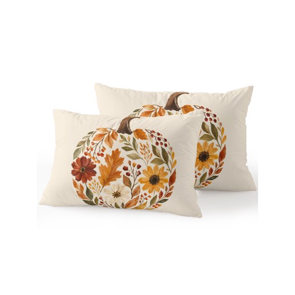 Fall Pumpkin Shape 12x20 Inch Outdoor Throw Pillows with Inserts, Set of 2 Harvest Autumn Leaves Sunflowers Rustic Country Waterproof Decorative Lumbar Cushions for Patio Porch Couch Sofa