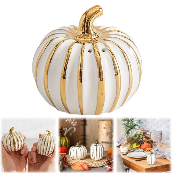 Last Chance Ceramic Porous Seasoning Bottle Round,Fall Pumpkin Shaped and Pepper Shakers 3 Inch Ceramic and Pepper Shakers Set for Holiday Home Indoor Kitchen Decorations(White and Gold)