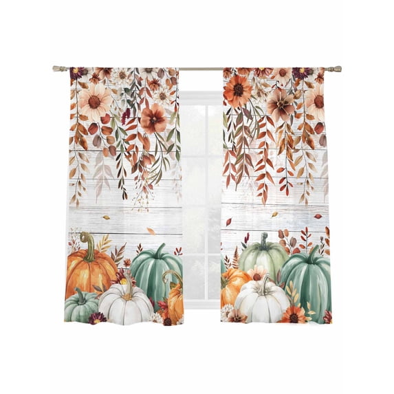 Fall Pumpkin Sheer Curtains 72 inches Long, Brown Sunflower Leaf Wood Grain Thanksgiving Light Filtering Sheer Window Curtains Rod Pocket Voile Drapes for Bedroom Living Room, 2 Panels 52"W x 72"L
