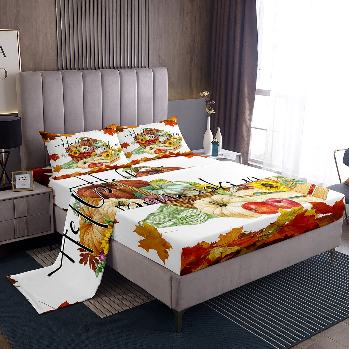 Fall Pumpkin Sheets Twin, Happy Thanksgiving Bed Sheets Set, Maple Fall ...