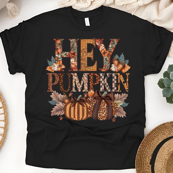 Fall Pumpkin Shirt | Hey Pumpkin Graphic Tee | Rustic Fall Aesthetic Top, Black, Size S