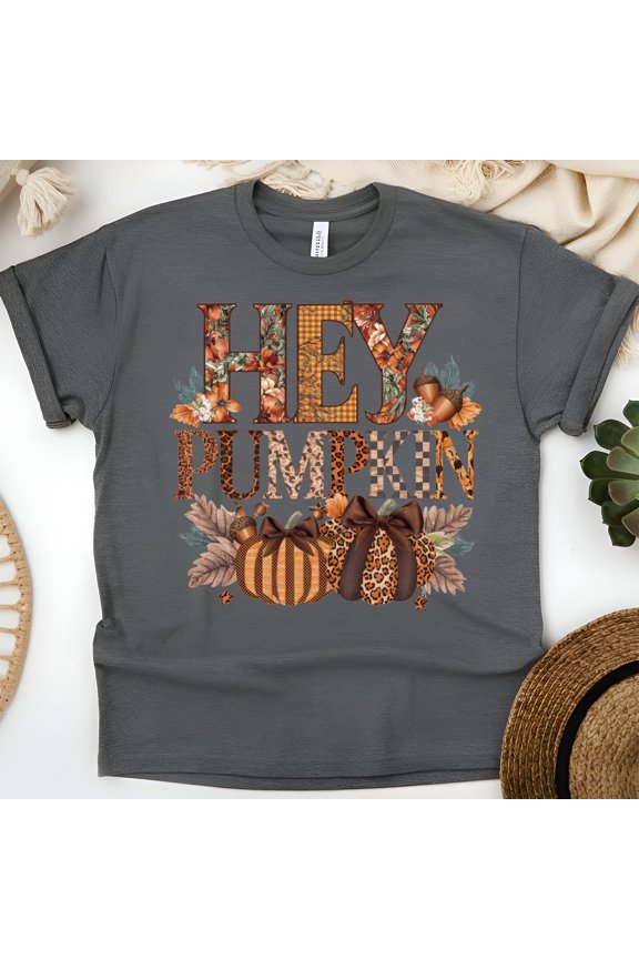 Fall Pumpkin Shirt | Hey Pumpkin Graphic Tee | Rustic Fall Aesthetic Top, Dark Heather, Size S
