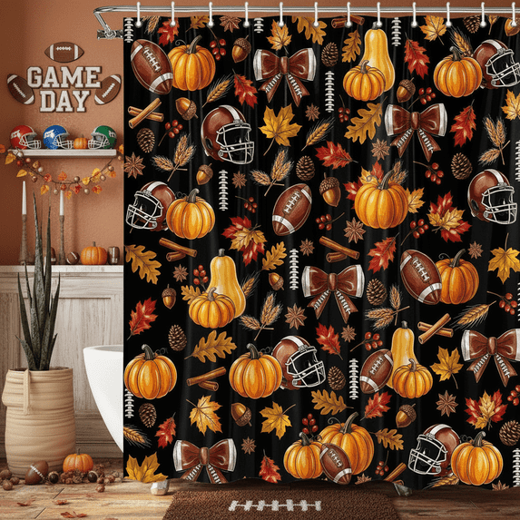Fall Pumpkin Shower Curtain, Autumn American Football Rugby Bow Maple Leaf Bathroom Curtain Set, Fall Thanksgiving Harvest Bath Decor Waterproof Fabric with Hooks, Black,70X70IN