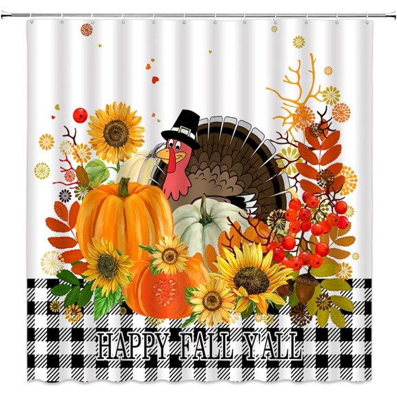 Fall Pumpkin Shower Curtain Autumn Harvest Thanksgiving Day Turkey Maple Leaves Pumpkin Sunflower Rustic Buffalo Plaid Seasonal Crop Farmhouse Vintage Country Fabric Bathroom Decor Curtain with Hooks