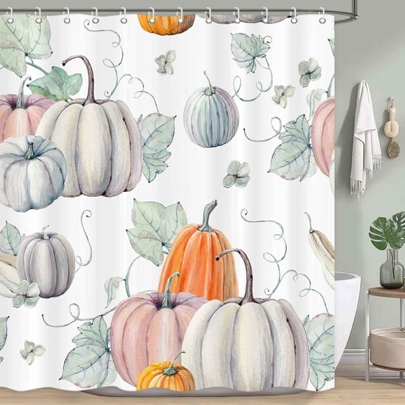 Fall Pumpkin Shower Curtain, Autumn Harvest Thanksgiving Decoration Bathroom Shower Curtains with 12 Hooks Set 72x72 Inch