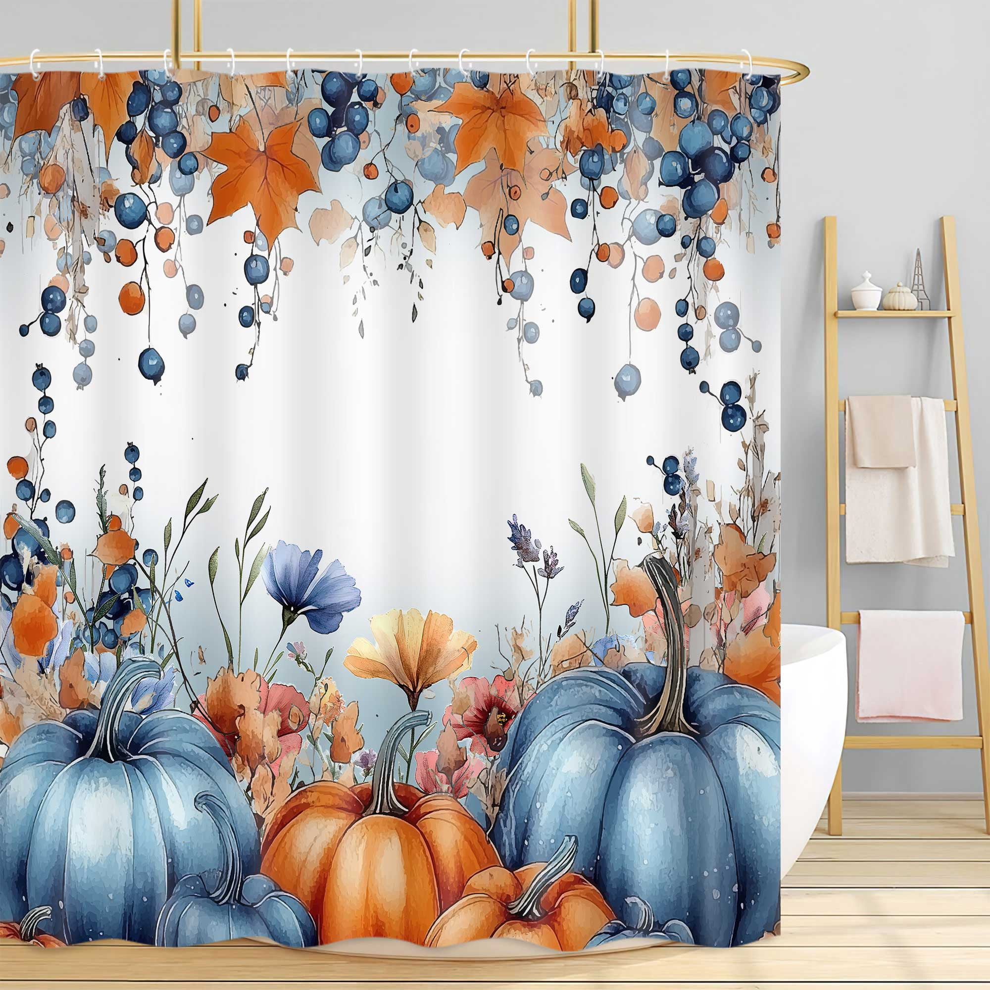 Sunflower & Pumpkin Shower Curtain - Fall Harvest Vintage Floral Farmhouse Bathroom Decor Set With Hooks