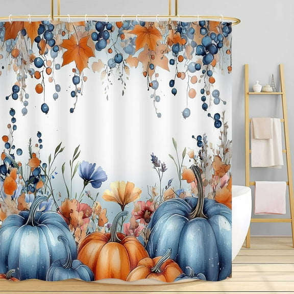 Fall Pumpkin Shower Curtain, Autumn Maple Leaves Thanksgiving Day Harvest Orange Blue Leaves Farmhouse Shower Curtain Set, Country Watercolor Plant Fabric Bath Curtain with Hook, 36X72in