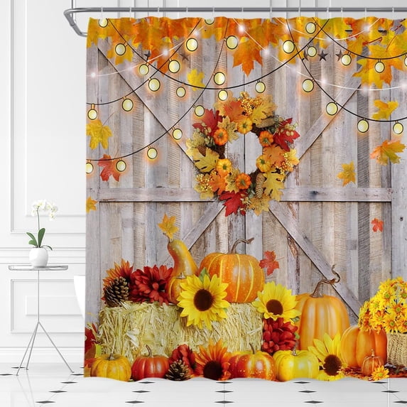 Fall Pumpkin Shower Curtain Autumn Maple Leaves Thanksgiving Harvest Rustic Farmhouse Barn Door Fabric Bathroom Decor Set with Hooks,70 W X 70 H