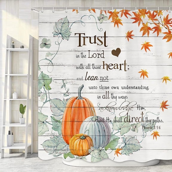Fall Pumpkin Shower Curtain, Autumn Thanksgiving Harvest Bathroom Bath Decor, Inspirational Christian Bible Verses Scripture Quotes Cloth Bathroom Accessories Bath Curtain with Hooks, 36X72in