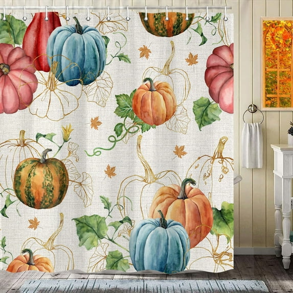 Fall Pumpkin Shower Curtain, Autumn Thanksgiving Harvest Shower Curtains for Bathroom, Fall Leaves Vintage Rustic Bathroom Decor Set Waterproof Fabric with Hooks, 70X70IN