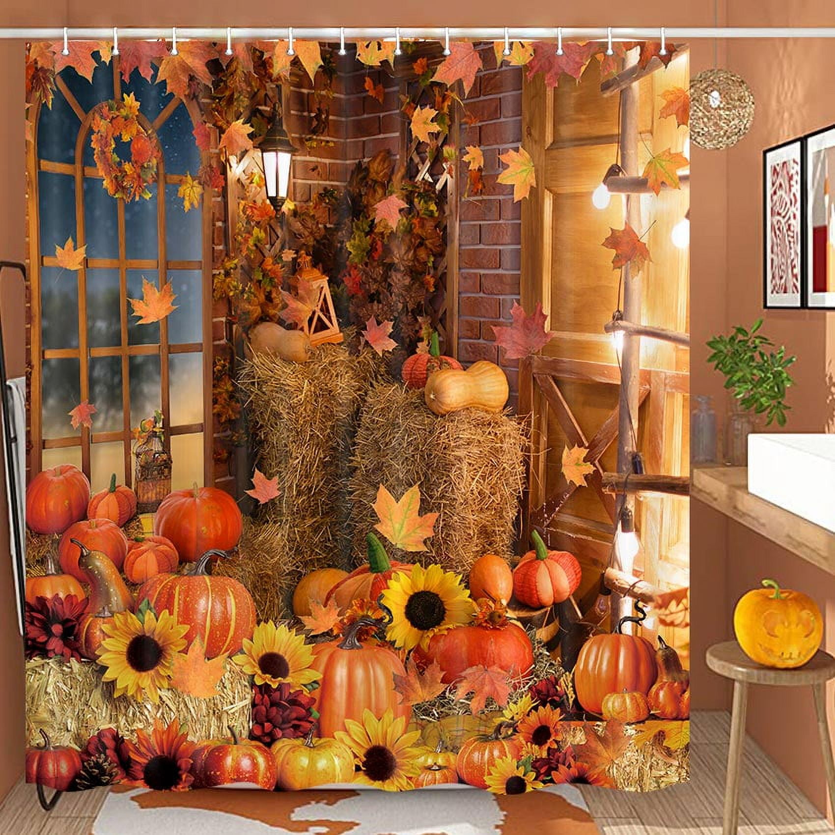 Fall Pumpkin Shower Curtain, Autumn Thanksgiving Harvest Straw