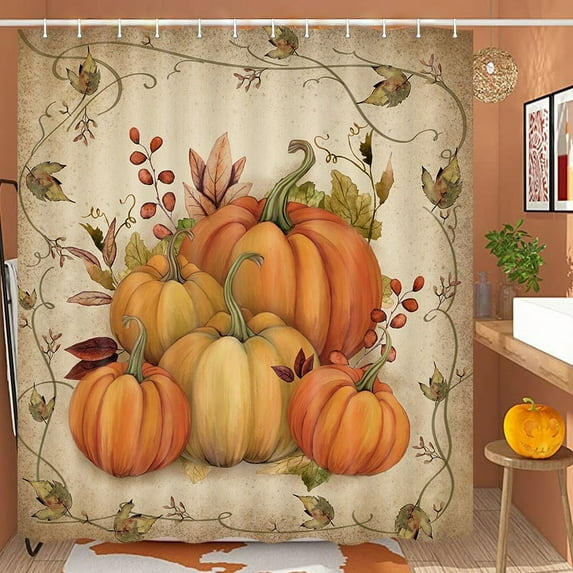 Fall Pumpkin Shower Curtain, Autumn Thanksgiving Harvest Vintage Decor Bathroom Curtains , Farmhouse Halloween Fabric Bathroom Accessories with Hooks 69x70in