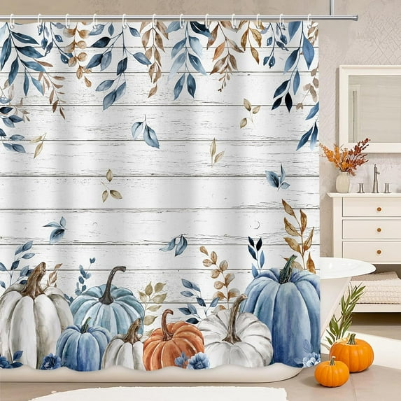 Fall Pumpkin Shower Curtain,Autumn Watercolor Blue White Pumpkin Shower Curtain,Farmhouse Eucalyptus Leaves Rustic Wood Bathroom Decor,Thanksgiving Holiday Curtains Set with Hooks,72x72 in