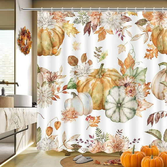 Fall Pumpkin Shower Curtain Autumn Watercolor Floral Maple Leaf Shower Curtain for Bathroom Boho Fall Thanksgiving Pumpkin Home Bathtub Decor Waterproof Fabric 72x72 Inch