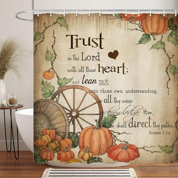 Fall Pumpkin Shower Curtain for Bathroom, Rustic Farmhouse Autumn Pumpkin Inspirational Quotes Shabby Chic Harvest Shower Curtain Set, Fall Thanksgiving Fabric Shower Curtain with 12PCS Hooks