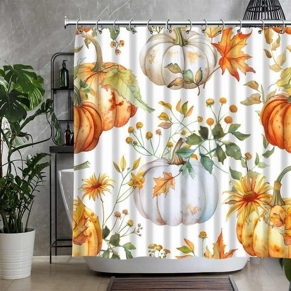 Fall Pumpkin Shower Curtain for Bathroom Thanksgiving Autumn Harvest Watercolor Maple Leaves Floral Pumpkins Wildflowers Decor Polyester Fabric Bath Curtains 70"x70"