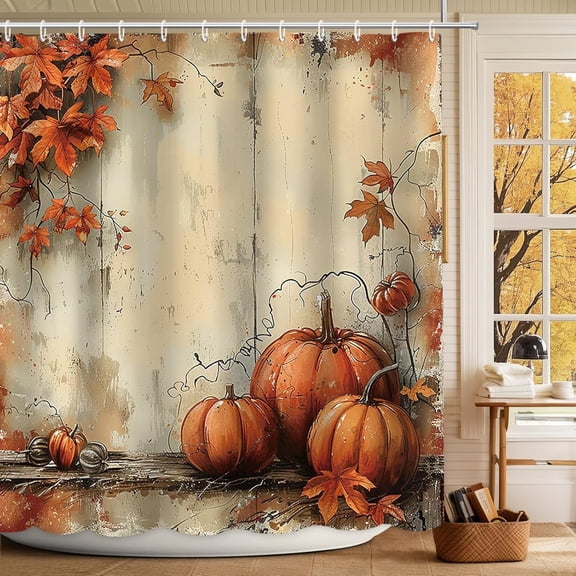 Fall Pumpkin Shower Curtain for Bathroom Thanksgiving Harvest Maple Leaf Vintage Shower Curtain Autumn Pumpkin Rustic Bathroom Decor Curtain Waterproof Fabric 72x72 Inch