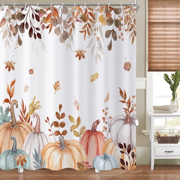 Fall Pumpkin Shower Curtain, Colorful Watercolor Autumn Pumpkins Maple Falling Leaves Thanksgiving Day Harvest Bathroom Curtain Waterproof Machine Washable with Hooks 72"W x 84"L (Pack of 1)
