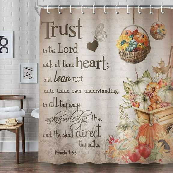 Fall Pumpkin Shower Curtain, Rustic Autumn Country Style Wood Board with Inspirational Motivational Fabric Shower Curtains for Bathroom with Hooks, 69x72 Inch