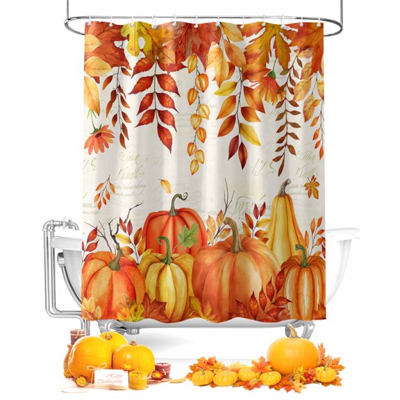 Fall Pumpkin Shower Curtain Set ，Waterproof Fabric Shower Curtains Orange Leaf Thanksgiving Vintage Letter Shower Curtains for Bathroom,Bathroom Decor 36"x72"