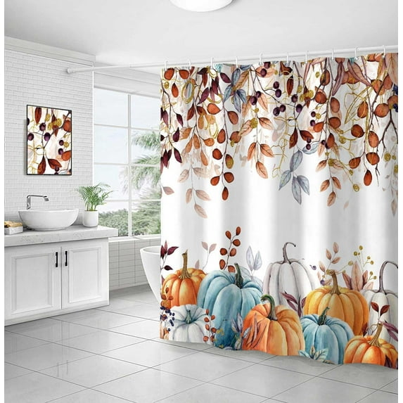 Fall Pumpkin Shower Curtain, Thanksgiving Autumn Harvest Leaves Watercolor Seasonal Decor Bathroom Curtains, Waterproof Fabric Polyester with Hooks, 66x72 Inch